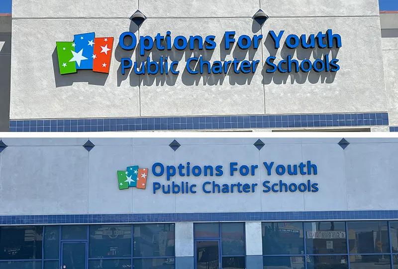 2 Signs for New Options for Youth School in the city of Bell